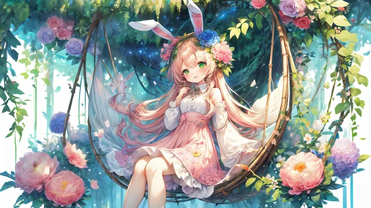 (Highest Quality, Super Detailed:1.5), 8k,(one girl), (Elf Girl with Rabbit Ears:1.5),Platinum Blonde Hair, very long hair, round eyes,(Rabbit Ears Grow:1.5), ( Beautiful green eyes that can only be seen :1.5), full body, Lift Your Arms Back, small breasts...