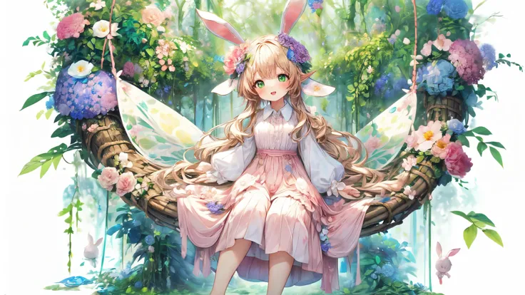 (Highest Quality, Super Detailed:1.5), 8k,(one girl), (Elf Girl with Rabbit Ears:1.5),Platinum Blonde Hair, very long hair, round eyes,(Rabbit Ears Grow:1.5), ( Beautiful green eyes that can only be seen :1.5), full body, Lift Your Arms Back, small breasts...