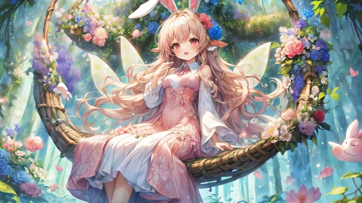 (Highest Quality, Super Detailed:1.5), 8k,(one girl), (Bunny Eared Elf Girl:1.5),Platinum Blonde Hair, very long hair, round eyes,(bunny ears grow:1.5), (red beautiful eyes:1.5), Full Body, arms behind back, small breasts,(Beautiful Vines and Flowers々playi...
