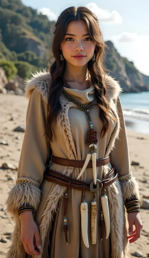 Stone age era, (prehistoric age era:1.6), ((Realistic cinematography cinematic angle depth intense details of realistically Jurassic sea shore landscape scenery)),big white bone jewelry necklaces,focusing on a happy female wanderer wearing ornaments white ...