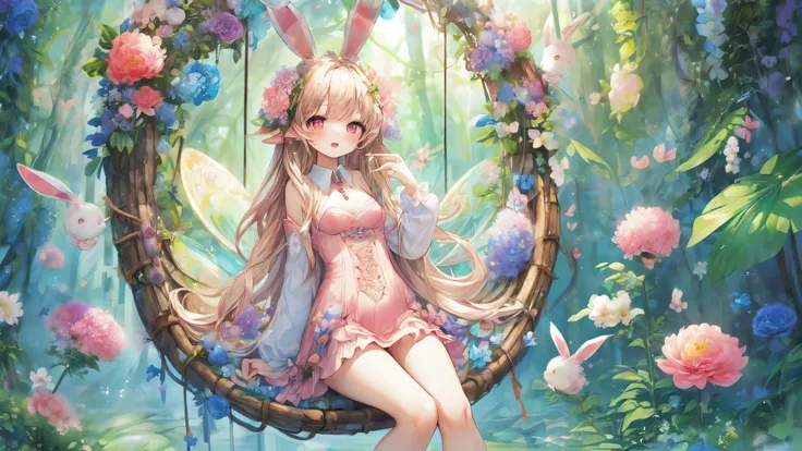 (Highest Quality, Super Detailed:1.5), 8k,(one girl), (Bunny Eared Elf Girl:1.5),Platinum Blonde Hair, very long hair, round eyes,(bunny ears grow:1.5), (red beautiful eyes:1.5), Full Body, arms behind back, small breasts,(Beautiful Vines and Flowers々playi...
