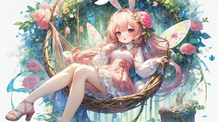 (Highest Quality, Super Detailed:1.5), 8k,(one girl), (Bunny Eared Elf Girl:1.5),Platinum Blonde Hair, very long hair, round eyes,(bunny ears grow:1.5), (red beautiful eyes:1.5), Full Body, arms behind back, small breasts,(Beautiful Vines and Flowers々playi...