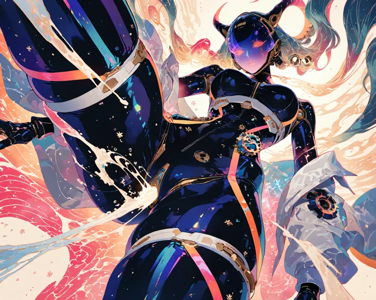 (best quality, highres), detailed close-up of a futuristic female robot with gears exposed on her tight thigh-length suit, featuring horns. The robot is floating in mid-air against a backdrop of swirling interstellar nebulas and pulsating waves of stardust...