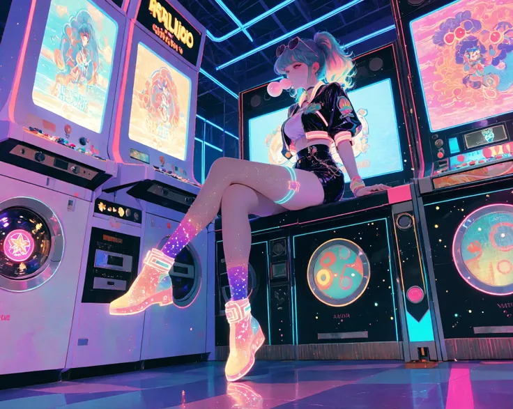 rolua.noa artstyle, masterpiece, best quality, amazing quality, absurdres, newest,
Sayuri Gojo
heart-shaped sunglasses, colorful 80s arcade outfit with cropped jacket, high-waist shorts, glitter stockings,
solo, chewing bubblegum, sitting casually on arcad...