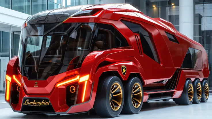 DE_style, A futuristic luxury motorhome designed with sharp, angular, and armored aesthetics, displayed in a modern showroom. The motorhome body is painted in glossy deep red with black accents around the windows, grills, and wheel arches. The overall desi...