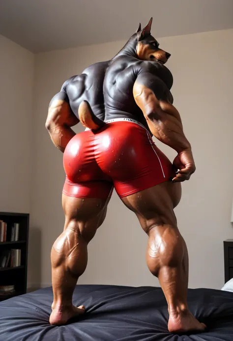 (((by 00b00b43, by morph))), (((Huge Adult Male Muscular Furry Anthro Canine Doberman Dog:1.6))), (((Solo:2))), (((Detail Bright Orange Eyes:1.5, Black Sclera:1.5))), (((Position(facing away, showing his back, both hands are on his hips, standing)))), (((l...