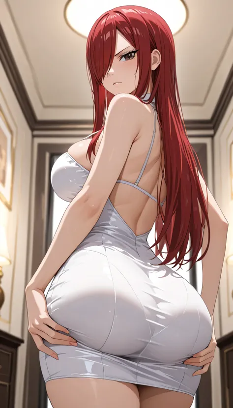 masterpiece, high score, great score, absurdres, close-up, beautiful woman, erza scarlet, Long Hair, hair over one eye, brown eyes, perfect round breasts, cleavage, navel, wide hips,thigh, (wide hips), ((beautiful eyes)), vivid colors, volumetric lighting,...