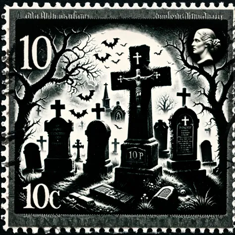 Dark fantasy postage stamp style, Black and white, an old cemetery with large headstones with crosses on top. Spooky cemetery, ultra-realistic, photo-realistic,ultra-detailed, cinematic photography, cinematography, professional, dramatic, dark fantasy, per...