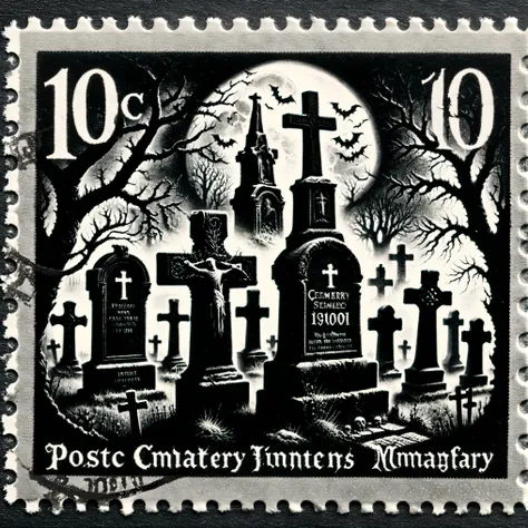 Dark fantasy postage stamp style, Black and white, an old cemetery with large headstones with crosses on top. Spooky cemetery, ultra-realistic, photo-realistic,ultra-detailed, cinematic photography, cinematography, professional, dramatic, dark fantasy, per...