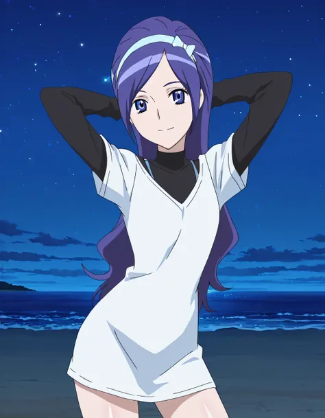 Miki, dark blue hair, long_hair, hairband, light blue band, blue_eyes, smal_breasts, black shirt, turtleneck, long sleeves, white t-shirt, short sleeves, t-shirt dress, anime screencap, high quality, solo, shiny skin, night sky, beach, arms behind head, (c...