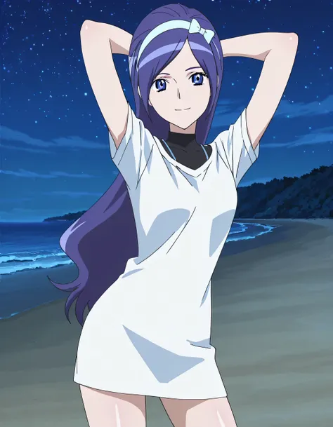 Miki, dark blue hair, long_hair, hairband, light blue band, blue_eyes, smal_breasts, black shirt, turtleneck, long sleeves, white t-shirt, short sleeves, t-shirt dress, anime screencap, high quality, solo, shiny skin, night sky, beach, arms behind head, (c...