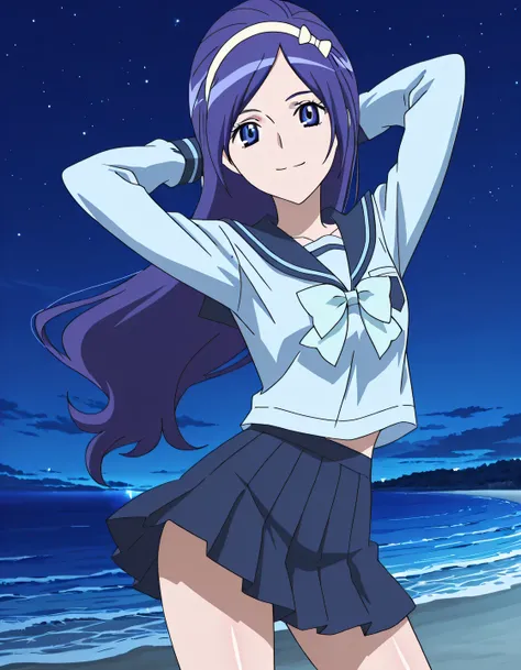 Miki, dark blue hair, long_hair, hairband, light blue band, blue_eyes, small_breasts, school uniform, blue shirt, serafuku, long sleeves, bowtie, anime screencap, high quality, solo, shiny skin, night sky, beach, arms behind head, (contrapposto), closed mo...