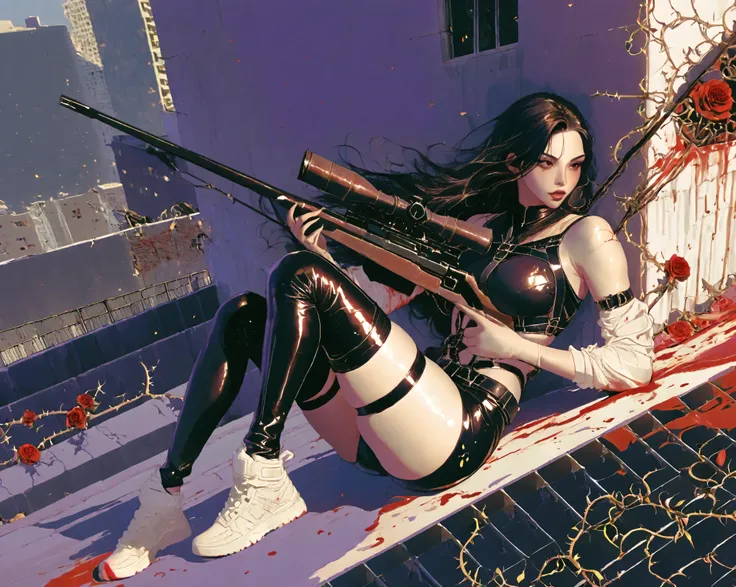 miaomiao_liulifa,,,Sexy Assassin, Covered in roses, thorns, and blood. shes wearing leather style clothing. harness. and white sneakers. shes holding a sniper style gun. hiding on the roof of a building