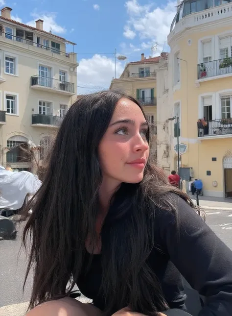 C3lfi 1girl, One, black ombre very long hair, long hair, dressed in a stylish black long-sleeved crop top, фото on the street, small lips smile, clarity Selfie photo, HD, Long black straight hair, messy long hair, sweet smile, sunny day, HD quality, on t...