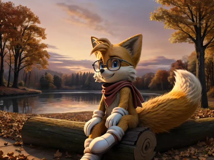 SOLO, Miles prower tails wearing a scarf and having a latte, 30 years old body, with two fluffy fox tails, yellow fur, detailed blue eyes, wearing small glasses, sitting on a log in middle of a wood, with autumn leaves, with a dawn sky ilumination, with a ...