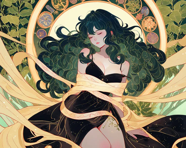 A gentle and graceful figure as if you were in a dream, A woman with long hair that looks like she is wrapped in a peaceful sleep,dark star-dotted background,Her delicate skin,Her clothes are a dress with a calm harmony of green and blue,Something like a p...