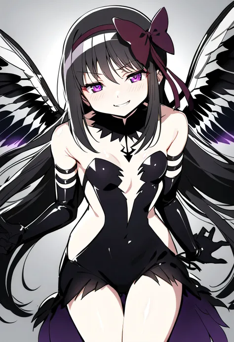 1girl, akuma homura, pov, bare shoulders, black gloves, (shiny skin:1.5),black hair, black wings, small breasts, , bow, dress, elbow gloves, feathered wings, hair bow, hair ribbon, long hair, purple eyes, glowing eyes, evil smile:1.5,  ribbon, wings, , mas...