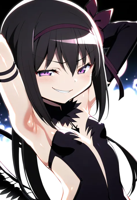 1girl, akuma homura, pov, bare shoulders, black gloves, (shiny skin:1.5),black hair, black wings, small breasts, , bow, dress, elbow gloves, feathered wings, hair bow, hair ribbon, long hair, purple eyes, glowing eyes,(  smirk:1.5),  ribbon, wings, , maste...