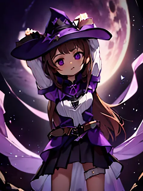 (purple eye), (dark purple clothers), (white clothers), (light brown hair), (hands up), (the herta), (black witch hat)