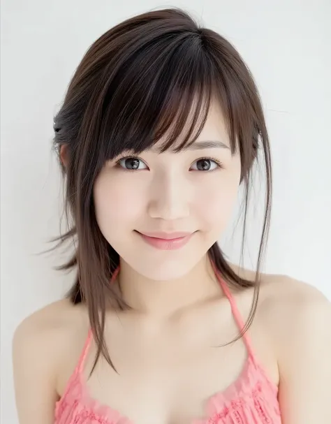 Raw photo, Real, ((Staring)), ((Focus on face)), ((Close-up)), Front view, Japanese woman, ((Medium hair, dark brown hair, straight hair)), Off-the-shoulder, Beautiful collarbone, Unedited, Live-action, Authentic, Cute young girl, Beautifully reflective ey...