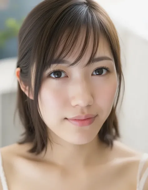 Raw photo, Real, ((Staring)), ((Focus on face)), ((Close-up)), Front view, Japanese woman, ((Medium hair, dark brown hair, straight hair)), Off-the-shoulder, Beautiful collarbone, Unedited, Live-action, Authentic, Cute young girl, Beautifully reflective ey...