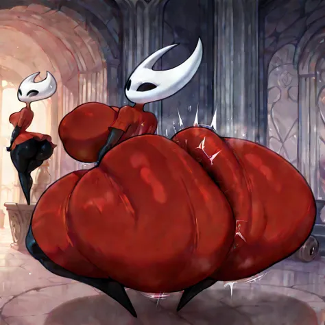 A masterpiece of quality , perfect anatomy, adult, worthy, Beautiful, full body, (big breasts), (huge ass), Tight-fitting clothing, slim body, Шершень Hollow Knight, red dress , short dress, turned back to the camera, sits and claps her ass