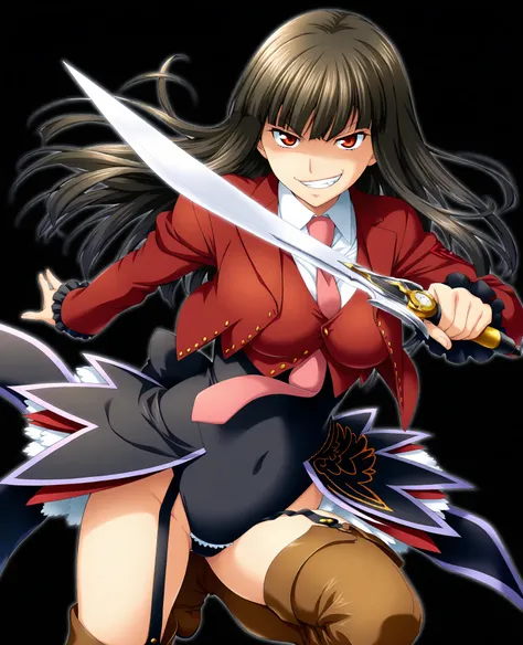 (Black Background:1.5), from above, fisheye, watch viewers, 1girl, solo, Lucifer, Stakes of Purgatory, long hair, dark haired, Bang, blunt Bang, red eyes, pink tie, white shirt, collared shirt, red jacket, long sleeve, ruffle sleeve, high leg leotard, Gart...