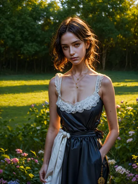 (masterpiece:1.2, best quality, high quality, best detail, photorealistic:1.2, award winning, 4k, 8k), 1girl, young, lace apron, facing viewer, detailed facial features, medium shot, arms at sides, oil painting style, victorian style, soft lighting, intric...