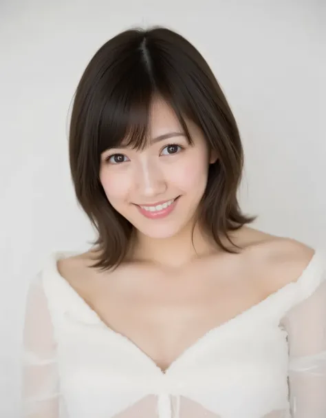 Raw photo, Real, ((Staring)), ((Focus on face)), ((Close-up)), Front view, Japanese woman, ((Medium hair, dark brown hair, straight hair)), Off-the-shoulder, Beautiful collarbone, Unedited, Live-action, Authentic, Cute young girl, Beautifully reflective ey...