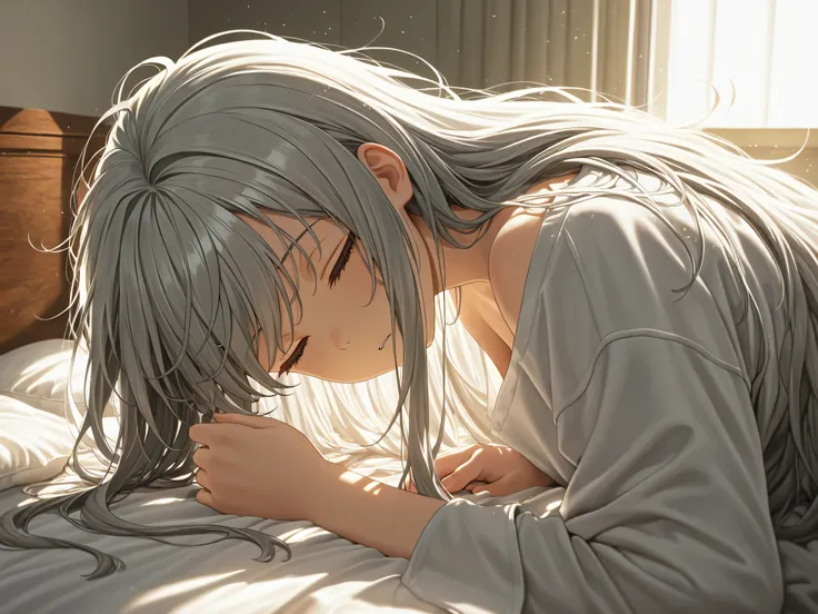 1 woman,gray hair,long hair,unkempt hair,Waking up,bed,Morning sunlight,Indoor,High Quality,4K,Details Precise,HDR,Professional