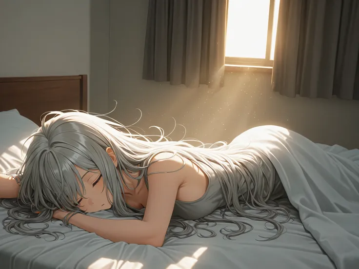 1 woman,gray hair,long hair,unkempt hair,Waking up,bed,Morning sunlight,Indoor,High Quality,4K,Details Precise,HDR,Professional