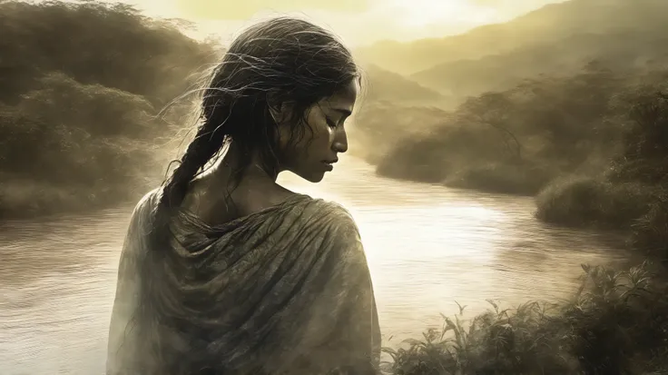 abandoned woman crying by riverbank, tears transforming into São Francisco River, Brazilian countryside, indigenous legend, digital art, dramatic lighting, flowing water, heartbreak, cultural mythology by Alan Lee