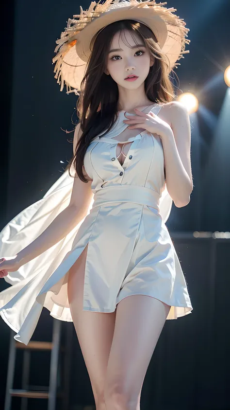 1 girl, 19 years old, ((city in Vietnam)), dark brown hair, purple eyes, hair ornament, ((cowboy photo)), ((A beautiful young woman performing contemporary dance on stage, dim blue spotlight, light fog, she walks slowly with one hand on her chest and the o...