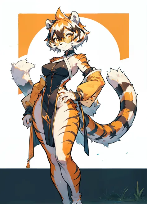 Post e621, beautiful and detailed portrait of a female (((female))) anthro tiger, (((confident, charming))), Mongkorn, thighs, full body, ((girl,furry)), standinganimal, arknight, white hair, black hair, round glasses, glasses, oppen, short hair, medium br...