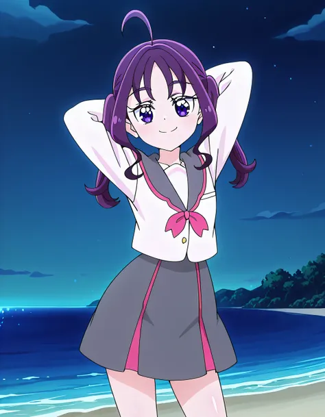 shigure kokoro, school uniform, short twintails, purple hair, long hair, sidelocks, ahoge, shiny hair, parted bangs, purple eyes, thick eyebrows, eyebrows visible through hair, serafuku, white shirt, grey sailor collar, long sleeves, pink neckwear, grey sk...