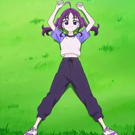 shigure kokoro, gym uniform, short twintails, purple hair, long hair, sidelocks, ahoge, shiny hair, parted bangs, purple eyes, thick eyebrows, eyebrows visible through hair, t-shirt, white shirt, raglan sleeves, short sleeves, midriff, black pants, sweatpa...