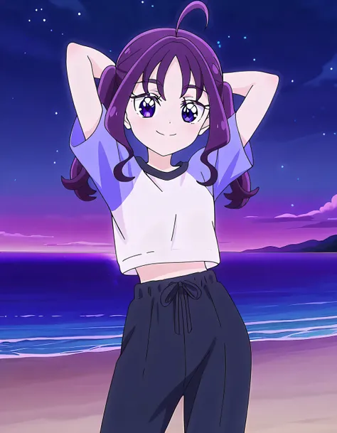 shigure kokoro, gym uniform, short twintails, purple hair, long hair, sidelocks, ahoge, shiny hair, parted bangs, purple eyes, thick eyebrows, eyebrows visible through hair, t-shirt, white shirt, raglan sleeves, short sleeves, midriff, black pants, sweatpa...