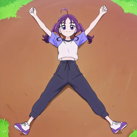 shigure kokoro, gym uniform, short twintails, purple hair, long hair, sidelocks, ahoge, shiny hair, parted bangs, purple eyes, thick eyebrows, eyebrows visible through hair, t-shirt, white shirt, raglan sleeves, short sleeves, midriff, black pants, sweatpa...