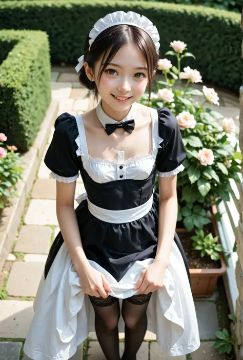 (Biological Corpse Factory)、maids,Look at the audience,(skinny:1.04),(younger:0.97),from above,(medium breasts:0.62),slouching forward,slouching forward,Japanese,(Smile Yang:0.84),black lace stockings,Take off your clothes and show me your breasts