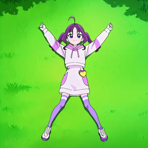 shigure kokoro, casual, short twintails, purple hair, long hair, sidelocks, ahoge, shiny hair, parted bangs, purple eyes, thick eyebrows, eyebrows visible through hair, white hoodie, purple hoodie, hooded sweater, hood down, multicolored clothes, drawstrin...