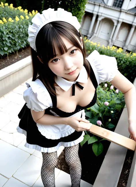 (Biological Corpse Factory)、maids,Look at the audience,(skinny:0.79),(younger:0.82),from above,(medium breasts:0.60),slouching forward,slouching forward,Japanese,(Smile Yang:0.47),black lace stockings