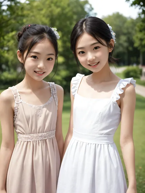 2 cute girls,((Highest Quality)),park where the nipples are almost visible,((Photo Quality)),(Slim:1.5),(detail),Tiny Chest,narrow shoulder width,perfect face,Tank Dress ,ruffle dress,(skinny:1.3),(smile:0.5)