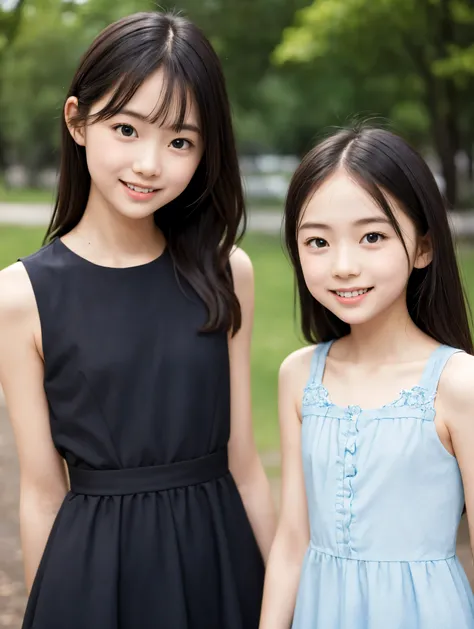 2 cute girls,((Highest Quality)),park where the nipples are almost visible,((Photo Quality)),(Slim:1.5),(detail),Tiny Chest,narrow shoulder width,perfect face,Tank Dress ,ruffle dress,(skinny:1.3),(smile:0.5)