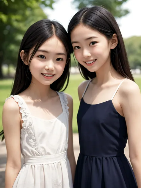2 cute girls,((Highest Quality)),park where the nipples are almost visible,((Photo Quality)),(Slim:1.5),(detail),Tiny Chest,narrow shoulder width,perfect face,Tank Dress ,ruffle dress,(skinny:1.3),(smile:0.5)
