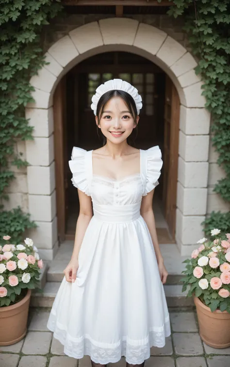 1 girl、maids,Look at the audience,(skinny:1.19),(younger:0.95),from above,slouching forward,(big boobs:0.06),Watering flowers outside the mansion,Japanese,(Smile Yang:1.05),black lace stockings