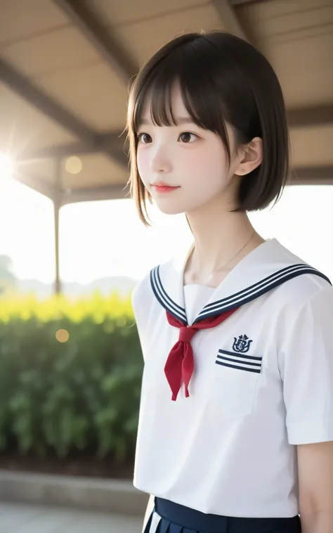 ( photo  author：mr. nomi:1.5),( white skin:1.5),Cute Girl,n current  ,Slender,thin body,かわいいyounger女の子,skinny,score_7_ up,score_8_ up,score_9,small breasted,uniform,toddler wearing top_body,sunlight,Japanese,short,short hair,  thin shoulders,thin arm,young...