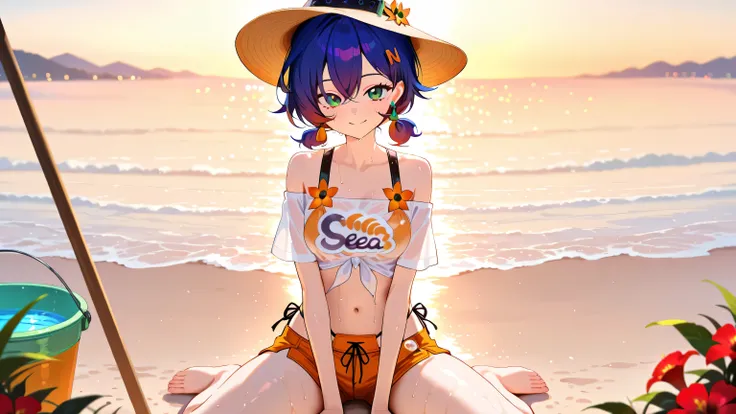 very awa, (vivid colors), detailed eyes, shining eyes, masterpiece, best quality, ultra-detailed, (8k), (hdr), (ultra-detailed), absurdres, looking at viewer, solo, 1girl, girl, outdoors, beach, day, smile, aabelle, green eyes, blue hair, short twintails, ...