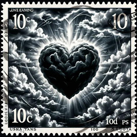 Dark fantasy postage stamp style. A black and white stamp of a heart in mid air is caught up and being enveloped by the clouds. Ultra-realistic, photo-realistic, ultra-detailed, physically-based rendering, 3D realism.