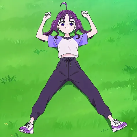 shigure kokoro, gym uniform, short twintails, purple hair, long hair, sidelocks, ahoge, shiny hair, parted bangs, purple eyes, thick eyebrows, eyebrows visible through hair, t-shirt, white shirt, raglan sleeves, short sleeves, midriff, black pants, sweatpa...