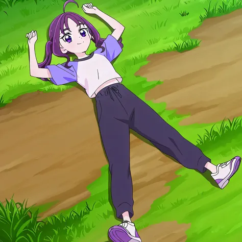 shigure kokoro, gym uniform, short twintails, purple hair, long hair, sidelocks, ahoge, shiny hair, parted bangs, purple eyes, thick eyebrows, eyebrows visible through hair, t-shirt, white shirt, raglan sleeves, short sleeves, midriff, black pants, sweatpa...